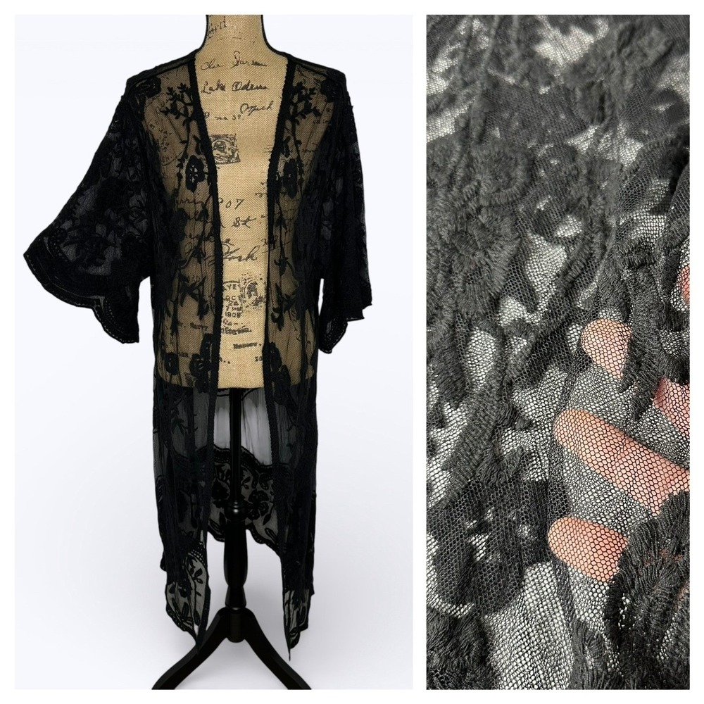 Black Floral Sheer Mesh Duster Kimono Flare Sleeve Fairy Grunge‎ Whimsigoth OS